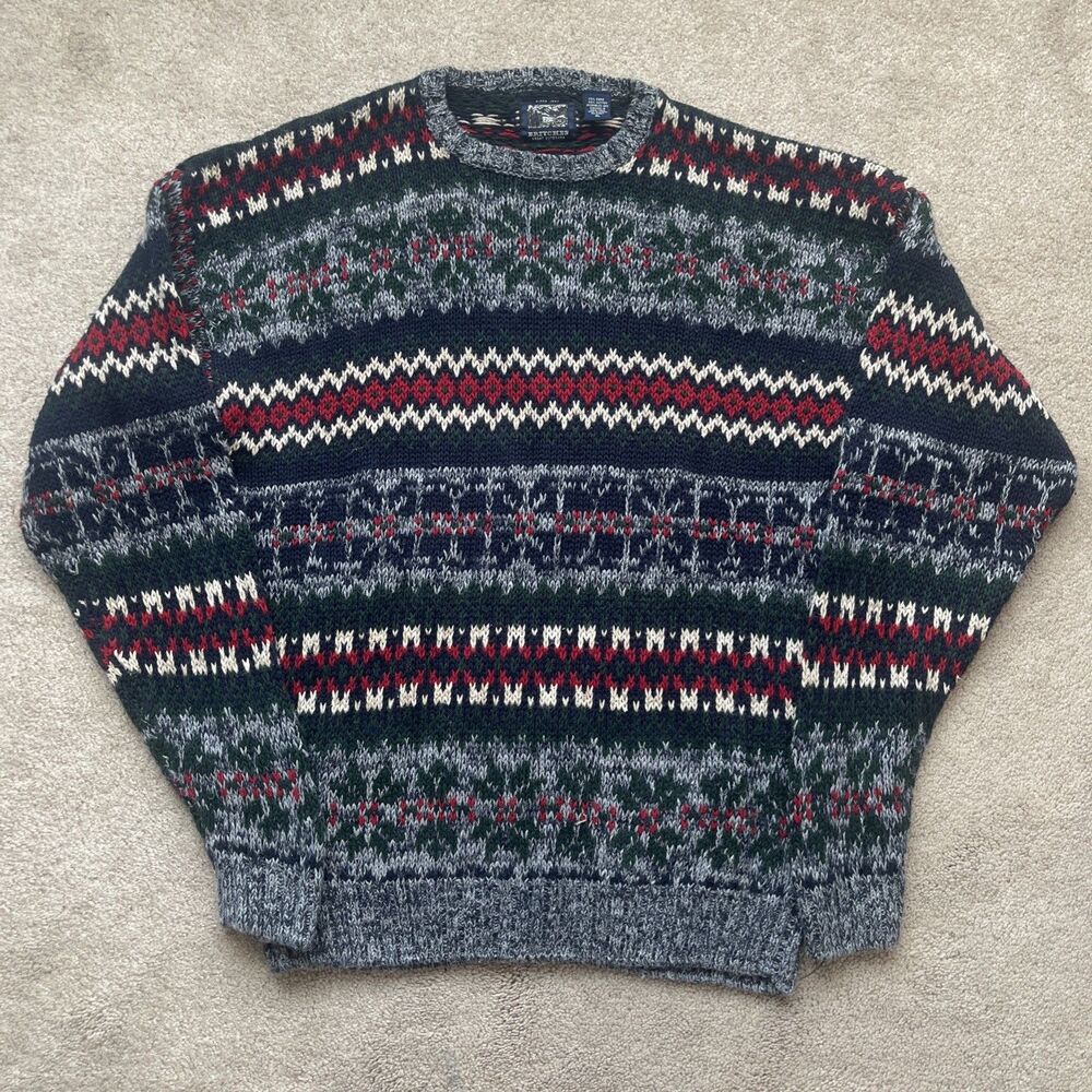 Britches Sweater Mens XL Fair Isle Gray Multicolor Knit Vintage Chunky Cabincore